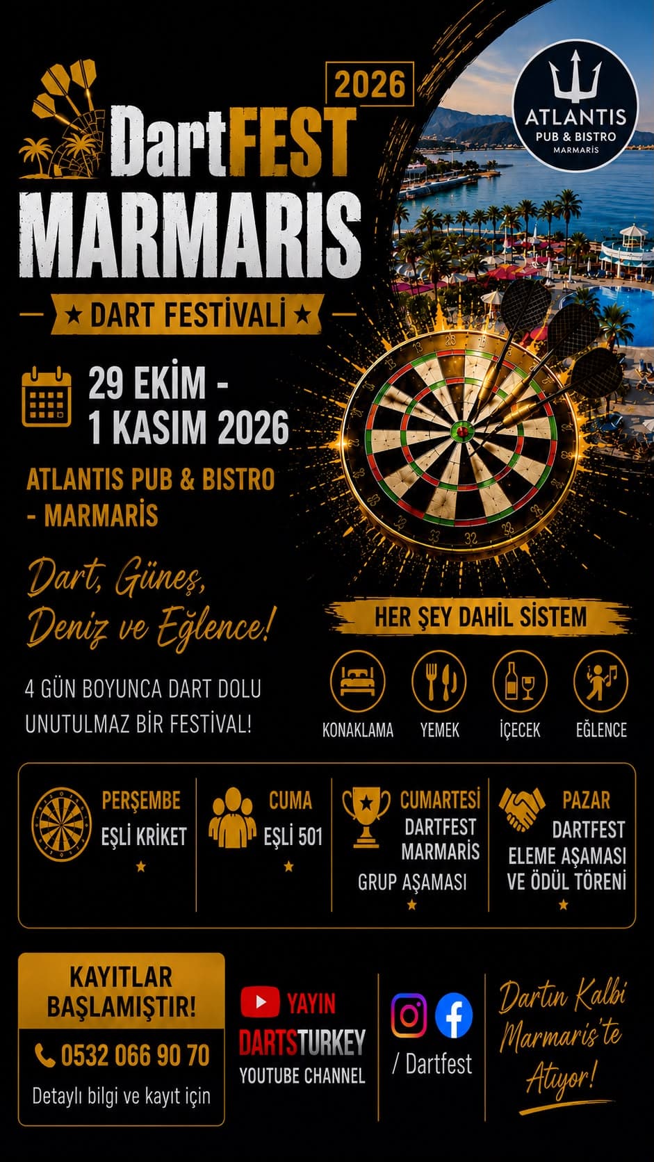 DartFest Marmaris 2026 afişi — 29 Ekim – 1 Kasım 2026, Atlantis Pub & Bistro Marmaris